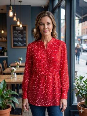 Take 50% OFF- George Red Polka Dot Pintuck Tie-Waist Tunic, Size-XL